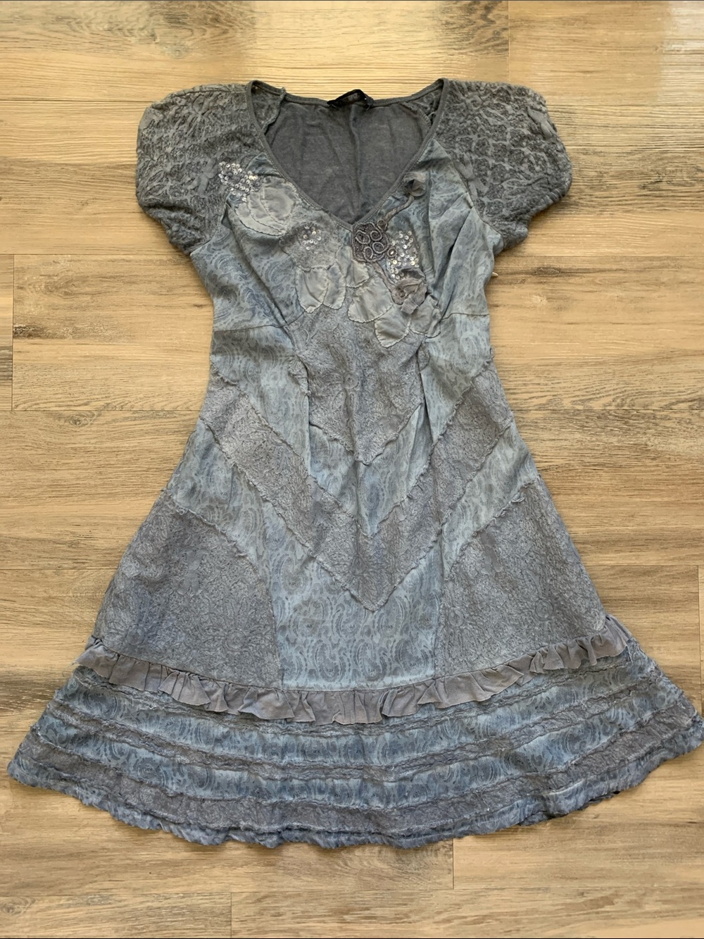 Fairy layered patchwork blue gray Lace Puff Sleeve Dress Size 42